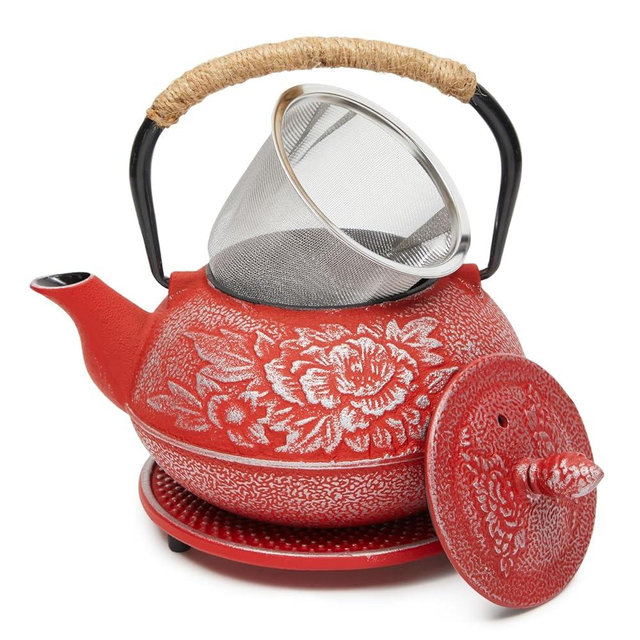 Juvale Cast Iron Teapot with Infuser - Japanese Tea Kettle, Loose Leaf Tetsubin with Handle and Trivet (Red, 3 Pcs, holds 27 oz, 800 ml)