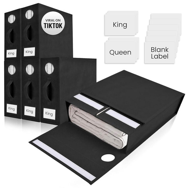 TOSORO 6 Pack Bed Sheet Organizer and Storage, Foldable Storage Organizer for Linen Closet with Viewing Window & Label for Bedding Sheets & Blankets (Queen & King Size) Black