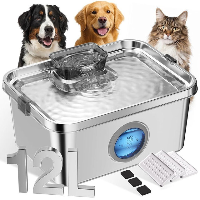 Dog Water Fountain, 12L/406oz Stainless Steel Pet Water Fountain for Large Dogs Cats, Quiet Dog Fountain Water Bowl, Visual Water Level 4 Filtration, Wide Deeper Drinking Area for Multi-Pet Home