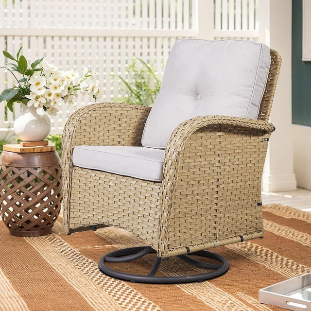 Artfurniz Porch Patio Chair, 1PC - Swivel Glider, Yellow Wicker/Beige Cushion