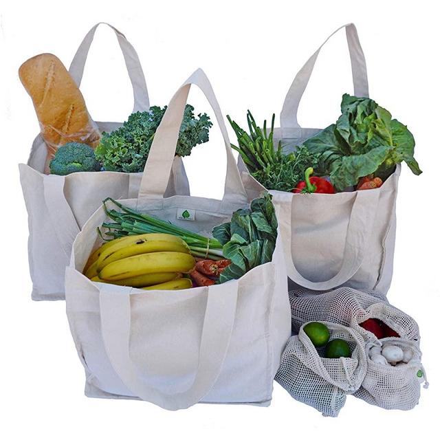 Canvas Grocery Shopping Bags With Inside Pockets (3 Pack) + 3 Mesh Produce Bags Set | 6 Piece Total (3 Reusable Cloth Grocery Tote Bags With Handles Plus 3 Mesh Bags) 100% Cotton by Vera Green