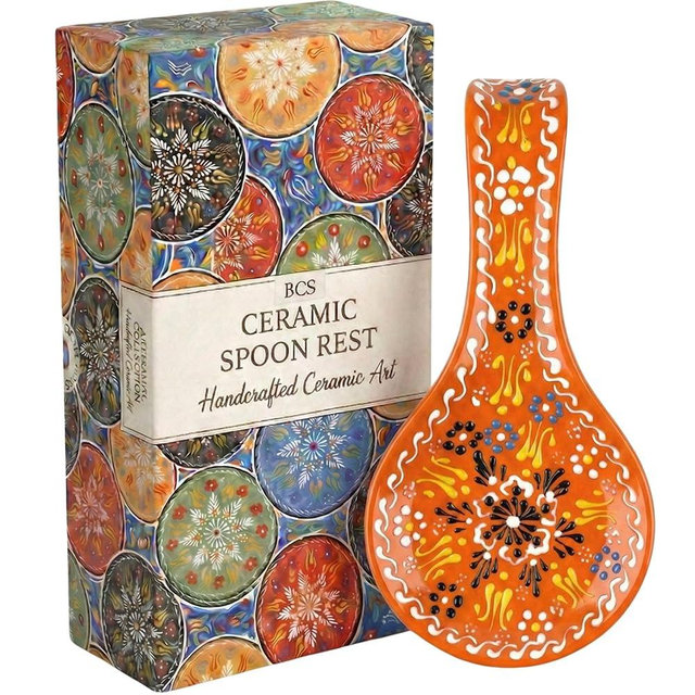 BCS Ceramic Spoon Rest, Large 9” Hand Painted Spoon Holder for Stove Top & Kitchen Counter, Dishwasher Safe & Heat Resistant Utensil Holder, Floral Kitchen Decor, Handmade Pottery