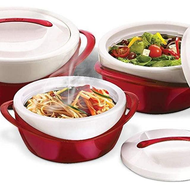 Pinnacle Insulated Casserole Dish with Lid 3 pc. set 2.6/1.25/.6 qt. Elegant Hot Pot Food Warmer/Cooler - Large Thermal Soup/Salad Serving Bowl- Stainless Steel –Best Gift Set for Moms –Holidays Red