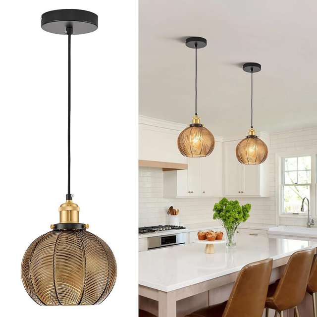 ZRPSSGE 7.8in Vintage Pendant Light 1- Light Kitchen Sink Pendant Lights with Amber Hand Blown Glass Small Hanging Lamp for Kitchen Island Dining Room Bedroom Bathroom Hallway E26