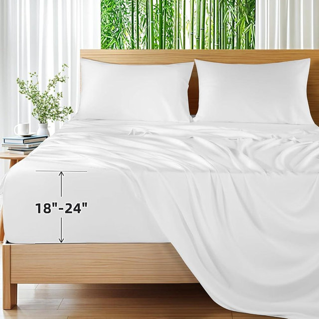 Shilucheng 100% Viscose Derived from Bamboo_Sheets, Extra Deep Pocket Sheets Fits 18"-24" Thick Mattress, Cooling & Breathable Bed Sheets 4Pcs, Hotel Silky Bedding Set (Queen,White)