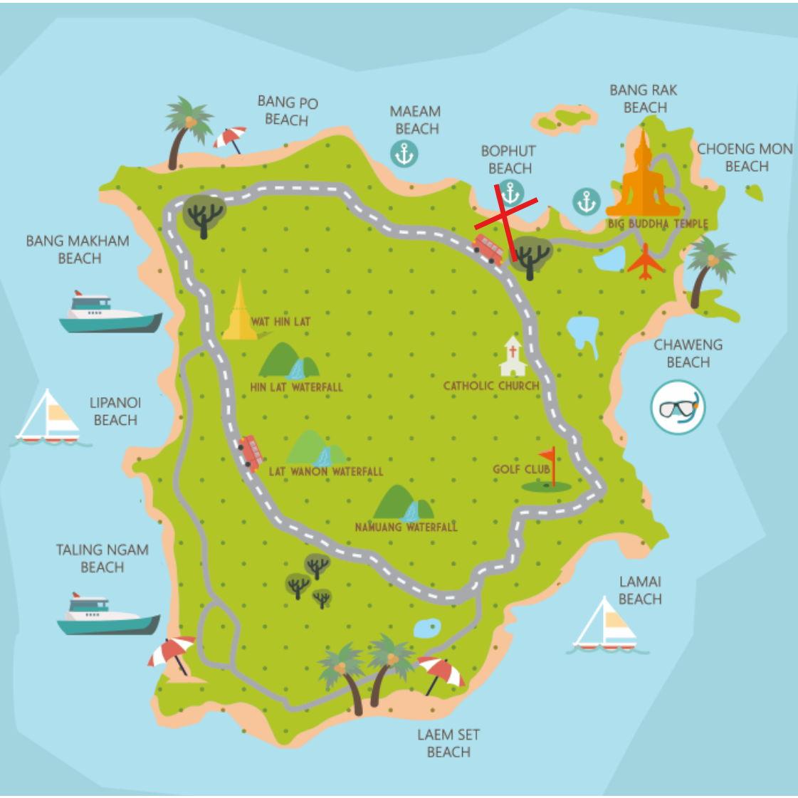 Map of Koh Samui Island.   X marks the wedding location