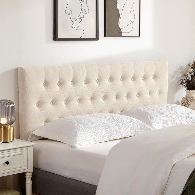 Huatean Home Tufted Upholstered Headboard King Size, Solid Wood Head Board with Durable Metal Legs, Adjustable Height Bed headboard from 37” to 51” Fabric Headboard in Modern Button Design, Beige