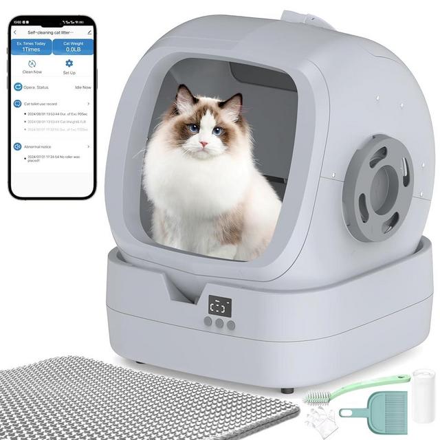 Automatic Cat Litter Box Self Cleaning - APP Control and Weight Monitoring - Ultra-Quiet, Suitable for Medium Cats and Kittens, Safe Anti-Pinch Litter Box【Assembly Required】- Light Grey