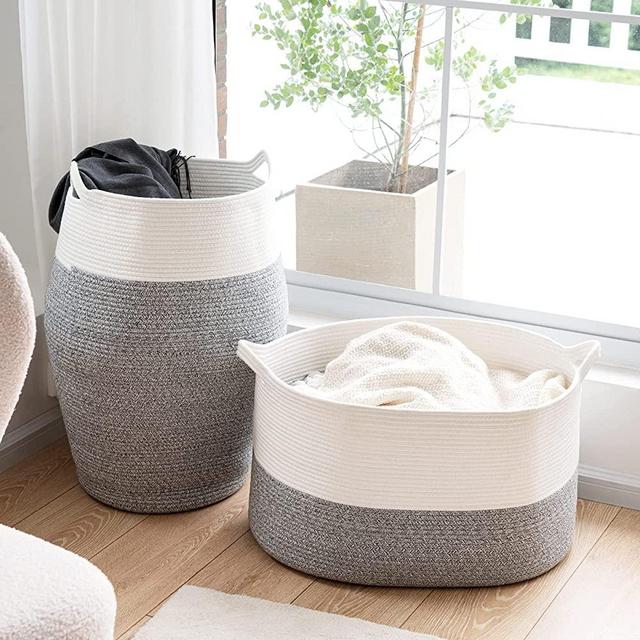 Goodpick Grey Large Cotton Storage Basket And Tall Luandry Storage Hamper (Set of 2)