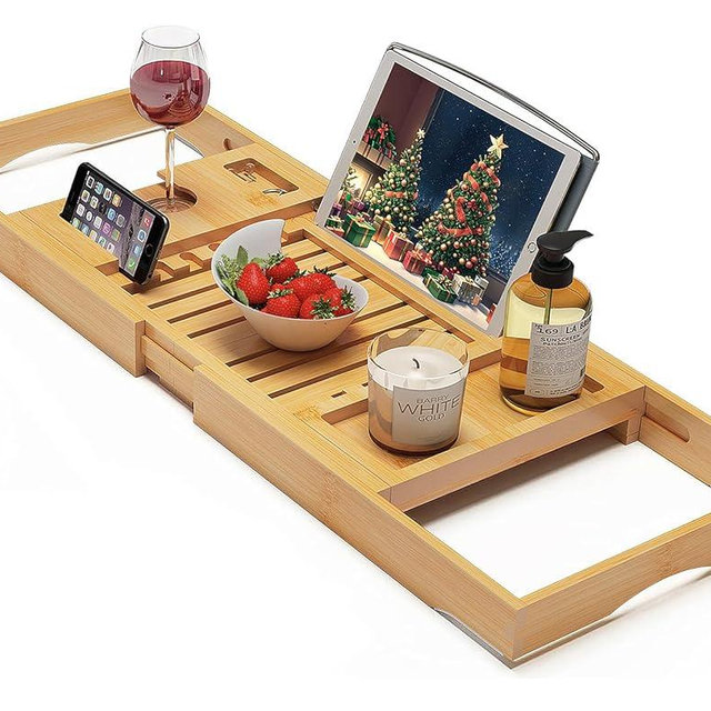 Foldable Bamboo Bathtub Caddy Tray Expandable for Luxury Bath, Bath Accessories & Table with Wine Glass Holder, Book Stand Bathroom Organizer with Extending Sides for Men/Women