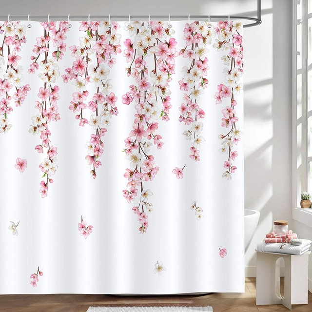 Bonhause Pink Cherry Blossom Shower Curtain, Spring Floral Japanese Sakura Bathroom Decor 72 x 72 Inch Polyester Fabric Waterproof Bath Curtain with 12 Hooks
