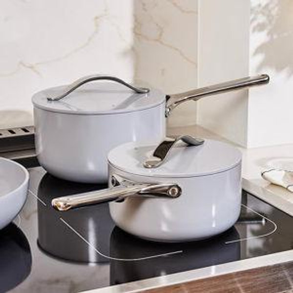 Caraway Nonstick Ceramic Sauce Pan with Lid (1.75 qt) - Non Toxic, PTFE & PFOA Free - Oven Safe & Compatible with All Stovetops (Gas, Electric & Induction) - Gray