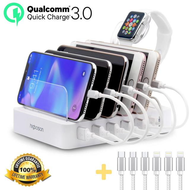 Higboson 6 USB Ports Fast Charging Station Multiple Docking Organizer Smart Watch Holder Compatible for Mobile Phone Tablet Power Bank with 6 Short Cables (White)