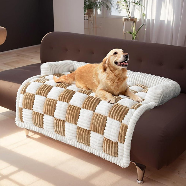 LiveGo Fuzzy Pet Couch Covers for Sofa, Dog Couch Cover Fuzzy Sofa Cover Cream Square Plaid Dog Bed Plush Dog Mat for Furniture Protector for Large Medium Dogs and Cats (Light Brown, 35.4"*35.4")