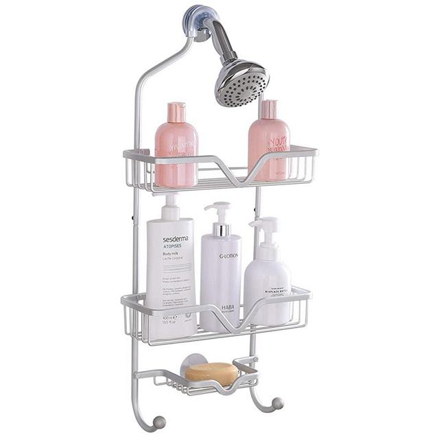 Lucalda Shower Caddy, Detachable Hanging Shower Organizer, 3-Tier Aluminum Shower Rack Hanging Shower Shampoo Holder and 2-Hooks for Towel, Soap, Conditioner, Silver, 11.02"x4.72"x25.19"