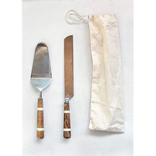 Creative Co-op Stainless Steel Wood & Horn Inlay Handle and Bag (2 Pieces) Cake Knife & Server, Brown