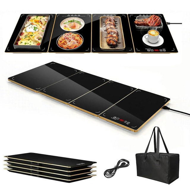 Electric Warming Tray XXL 35"x16" with Storage Bag, Adjustable‑Size Food Warming Mat, 4‑in‑1 Expandable Modular, Food Warmer for Parties, Buffet, Catering & Gatherings, 8‑Level Temp & Timer, Gold Edge