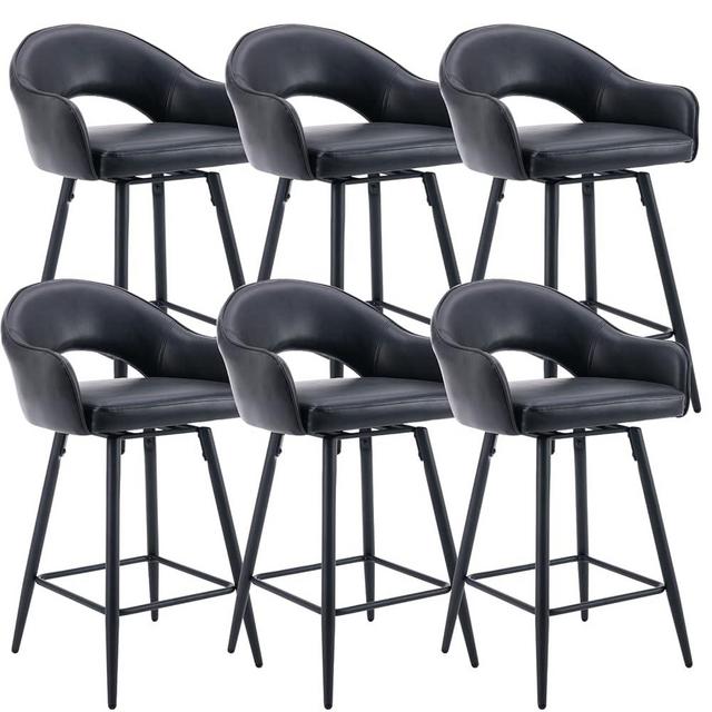 LukeAlon PU Leather Swivel Counter Stools Set of 6, Open Back 27" Seat Height Low Bar Stools with Black Metal Legs Modern Kitchen Stools with Footrest for Home Bar Dining Room, Black