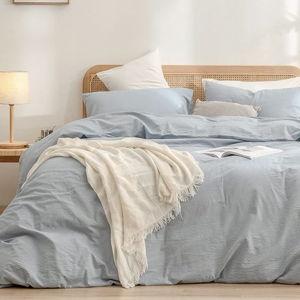 BESTOUCH Duvet Cover Set 100% Washed Cotton Linen Feel Super Soft Comfortable Chic Lightweight 3 PCs Home Bedding Set Cornflower Blue Queen