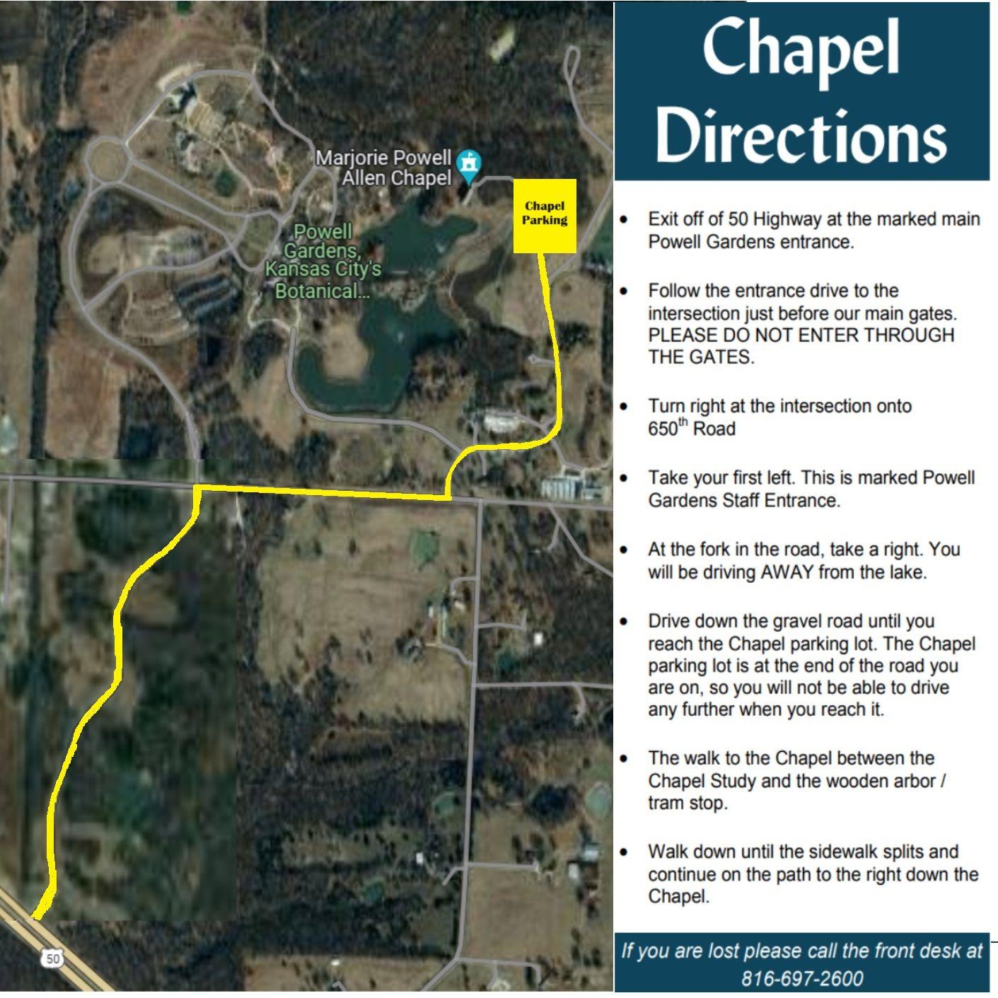 Directions to the chapel parking lot.  This is where you will park when you first arrive for the ceremony.