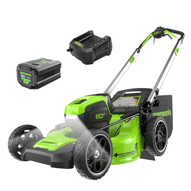 Greenworks 80V 21" Brushless Cordless (Self-Propelled) Lawn Mower (LED Headlight + Aluminum Handles), 4.0Ah Battery and Rapid Charger Included (75+ Compatible Tools)