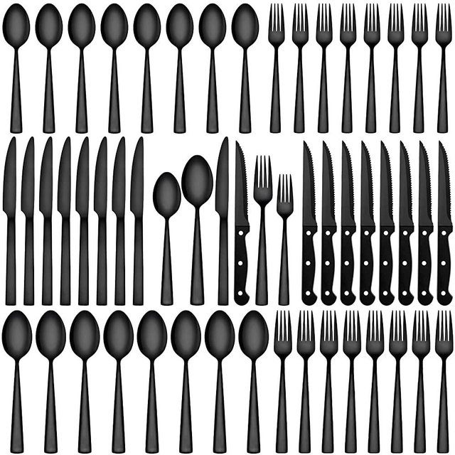 CEKEE 24 Piece Black Silverware Sets for 4, Black Stainless Steel Flatware Set with Steak Knives, Stainless Steel Utensils Set for 4, Black Tableware Set for Home & Kitchen, Dishwasher Safe