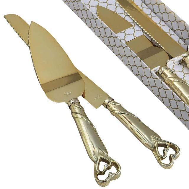 Gold Double Heart Wedding Cake Serving Set - Gold Wedding Cake Knife Set
