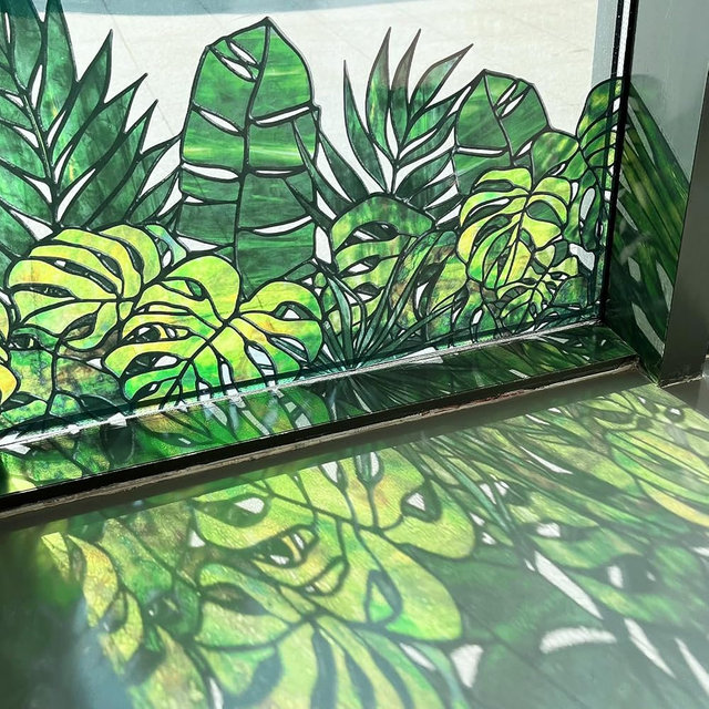 ChicSkin Original Hand Drawn Window Cling Film Stained Glass Border with Tools, Double Sided Transparent Window Film Haning Plants for Glass Window, Front Door, Monstera and Palm 16.93"X54.33"