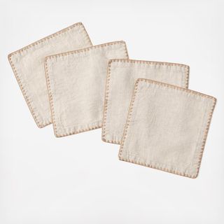 Olivos Embroidered Organic Linen Cocktail Napkin, Set of 4