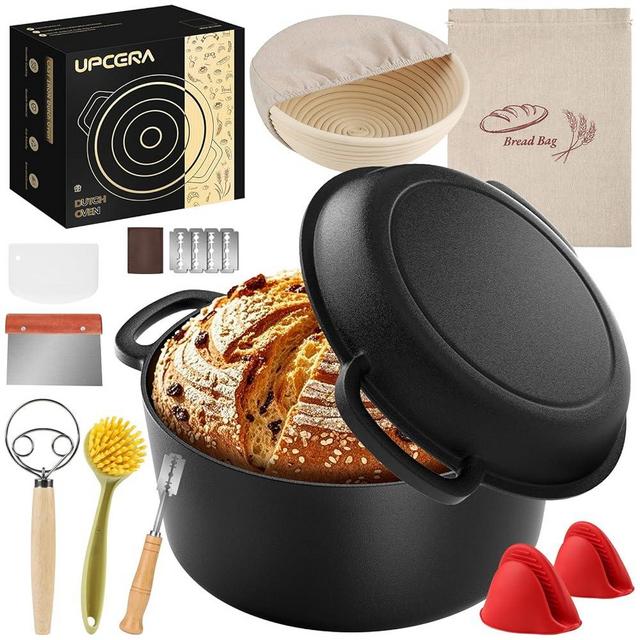 UPCERA 5QT Cast Iron Dutch Oven for Bread Baking, Proofing Basket Sourdough Starter Kit, 2 in 1 Bread Making Pan Pot with Lid, Sour Dough Tools Set Includes Lame Supplies, Gifts for Baker