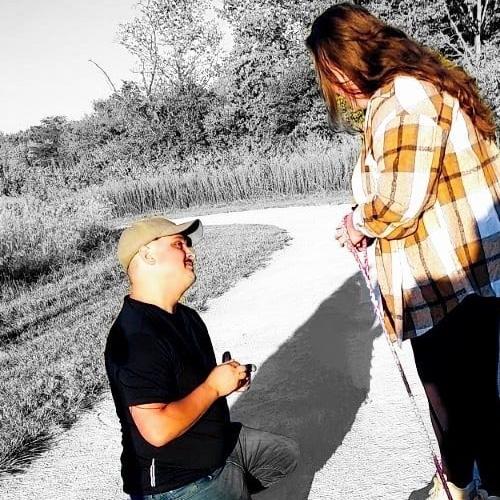 The Proposal! Cole, his parents, his siblings, and Kirstin all took the dogs on a walk at Scioto Metro. At the end, his mom distracted Kirstin and when she turned around, Cole was waiting!
