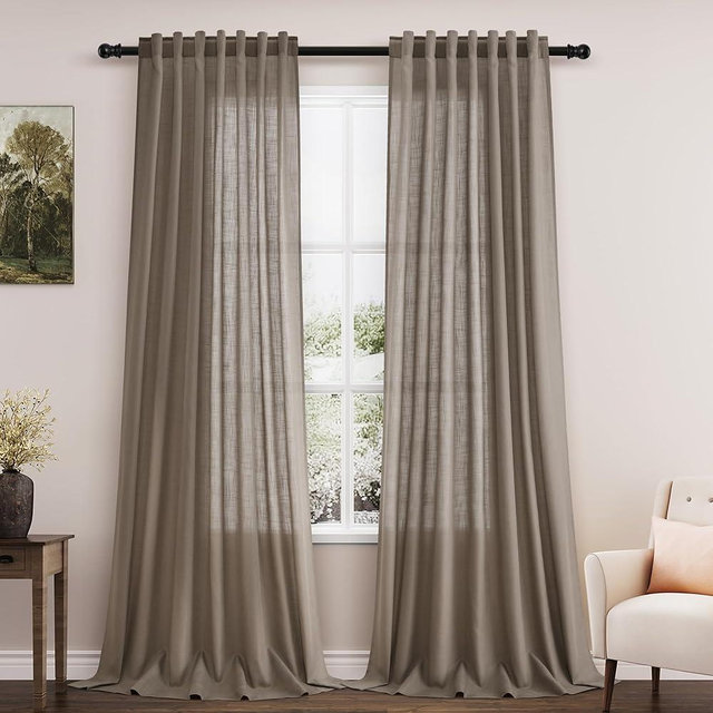 Dark Taupe Linen Curtains 96 Inches Long for Living Room Rod Back Tab Vintage Rustic Farmhouse Light Filtering Curtain Burlap Textured Linen Drapes 96 Inch Length for Dinning Room Bedroom 52x96 8FT