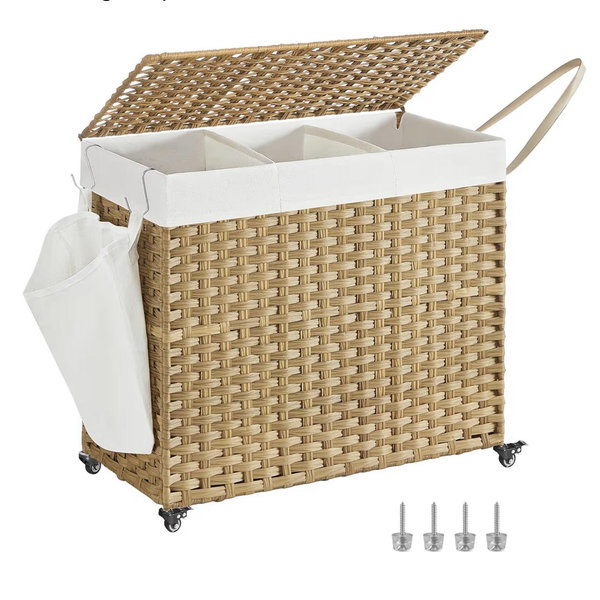 SONGMICS Laundry Hamper with Lid, 42.3 Gallons (160 L), Rolling Laundry Basket with Wheels, 3-Section Synthetic Rattan, Removable Liner, Bedroom, 29.9 x 13 x 26 Inches, Natural ULCB365N01