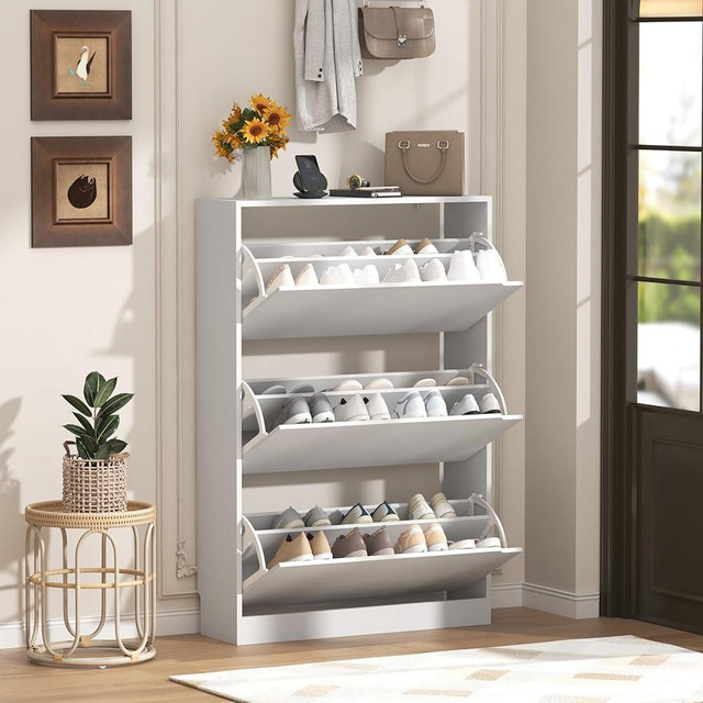 Wodeer Shoe Storage Cabinet with 3 Flip Drawers, Slim Hidden Wood Shoe Cabinet Storage for Entryway, Freestanding Narrow Shoe Rack Organizer with Adjustable Shelves for Foyer, Hallway, White