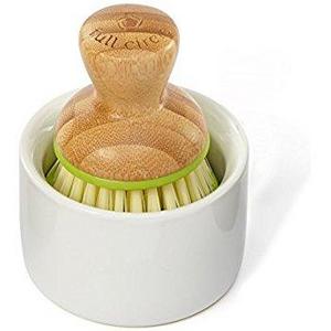 Full Circle Bubble Up Ceramic Soap Dispenser & Dish Brush w Bamboo Handle, Green/White