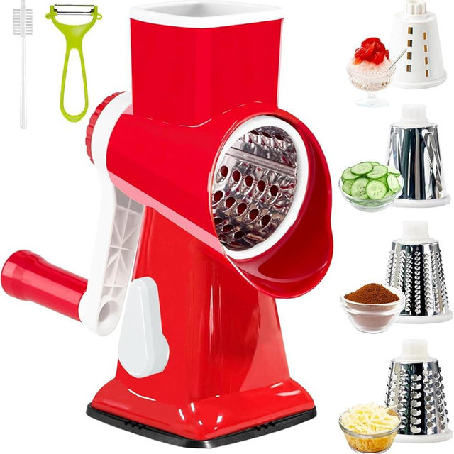 Rotary Cheese Grater with Handle, Multifunctional Kitchen tool, Stainless Steel Rotary Grater Slicer for Fruit, Vegetables, Nuts (Red)