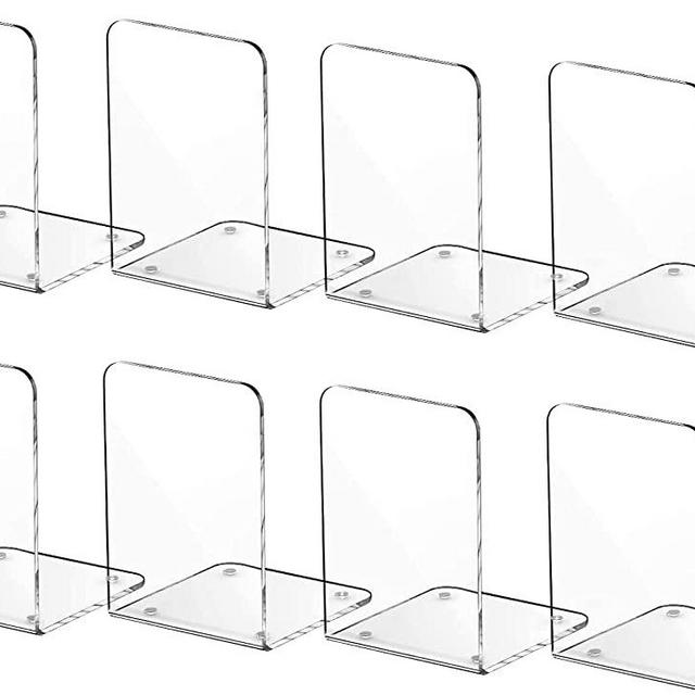MaxGear Book Ends Clear Acrylic Bookends for Shelves, Non-Skid Bookend, Heavy Duty Book End, Book Holder Stopper for Books/ Movies/ CDs/ Video Games, 7.3 x 5.5 x 5.1 in, (4 Pairs/8 Pieces, Large)