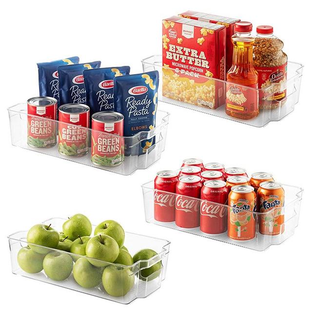 Set Of 4 Refrigerator Organizer Bins - Stackable Fridge Organizers for Freezer, Kitchen, Countertops, Cabinets - Clear Plastic Pantry Storage Rack - Food Storage Bins with Handle 14.5" Long