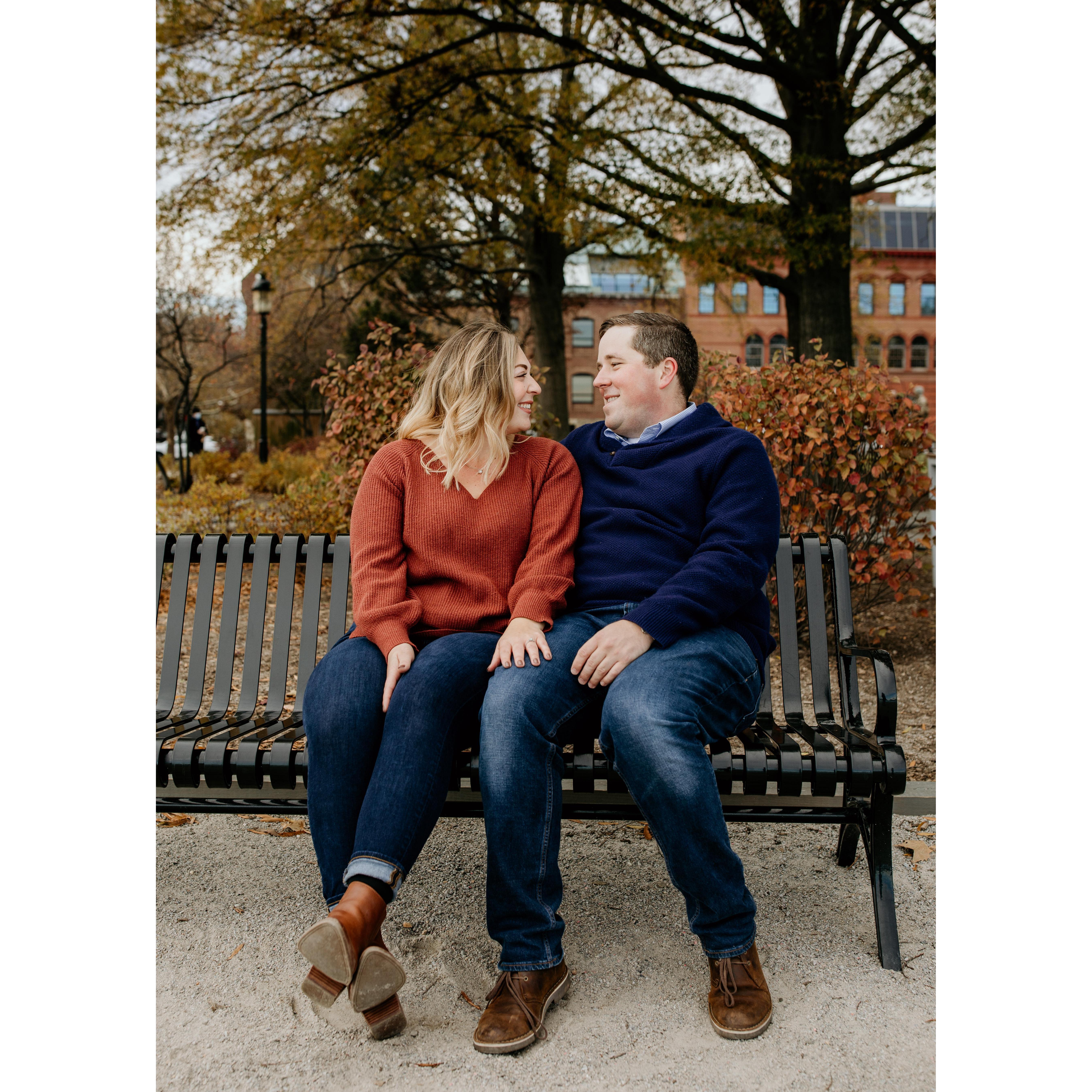 We were so nervous for our engagement photos but it ended up being such a fun day! We walked around to all our favorite spots in our city, like the bench we got engaged on!