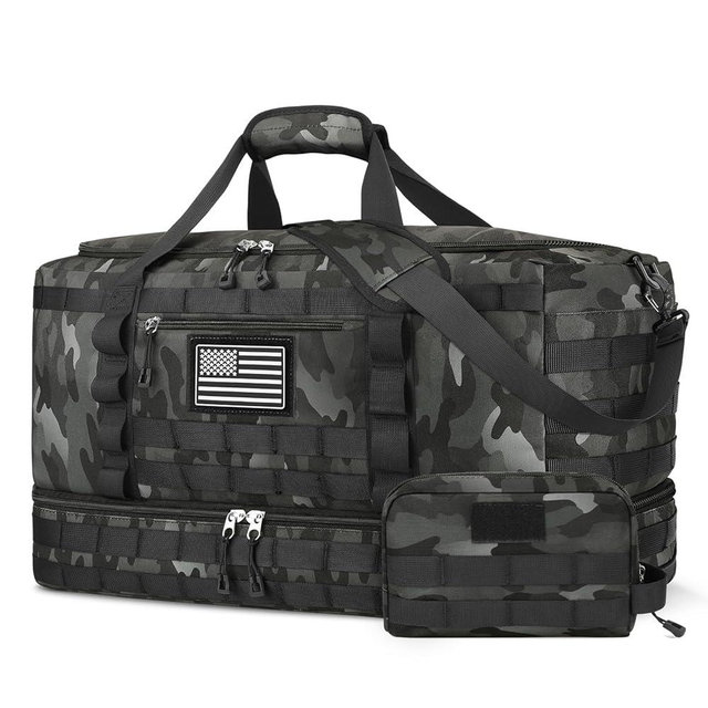 ETRONIK Travel Bag for Men Women, Gym Bag & Tactical Duffle Bags for Travel, Carry on with Toiletry Bag and Shoe Compartment, Weekender Overnight Trip with Wet Pocket for Workout Medical, Black Camo