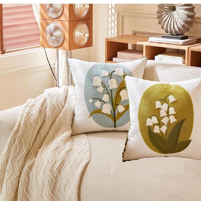 BREASOME Lily of The Valley Embroidered Throw Pillow Covers 18x18 Inch Blue & Green Nordic Floral Cushion Cases for Sofa/Bed Set of 2