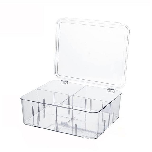 Stackable Plastic Food Holder Storage Bin Box with Clear Top Lid for Freezer, Fridge, Kitchen Cabinets, Pantry - Holds Fruit, Vegetable, Beverage Bags, Condiments - 4 Divided Sections - Clear (4 Grid)