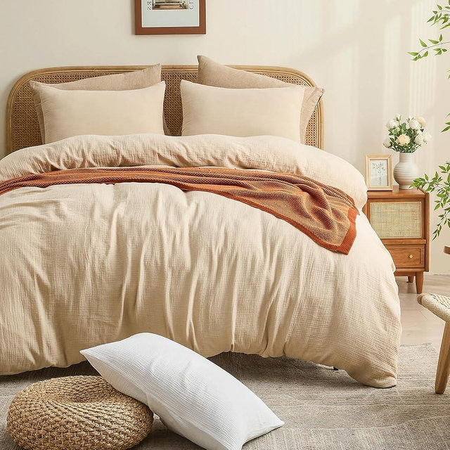 MEISHANG Muslin Duvet Cover King Size - 100% Organic Cotton, Soft Textured Gauze Weave Comforter Cover for Breathable All-Season with Zipper Closure - 3 Piece Set (King, Linen)