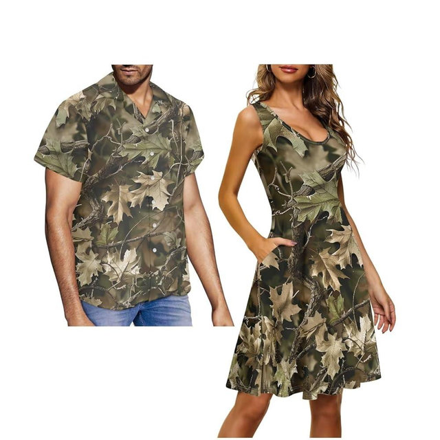 JOAIFO Couples Matching Outfits, Womens Dresses Sleeveless Flowy Dress Button Down Shirt Men Short Sleeve Shirts