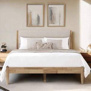 Wood Bed Frame with Upholstered Headboard Wooden Platform with Silent Slat Support Mattress Foundation No Box Spring Needed, Easy Assembly