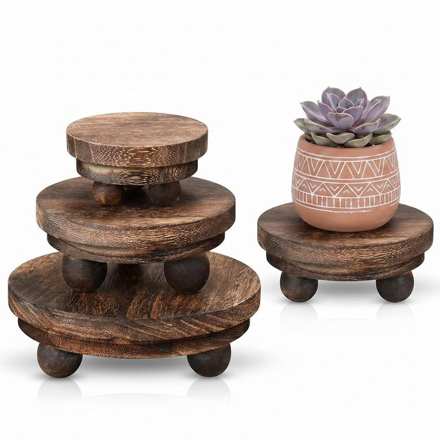 Amyhill 3 Pcs 5/4/3 Inch Mini Wooden Risers for Decor Small Round Pedestal Stand, Brown Farmhouse Wood Riser with Ball Feet for Tiered Tray, Candles, Plants, Home Kitchen Decor