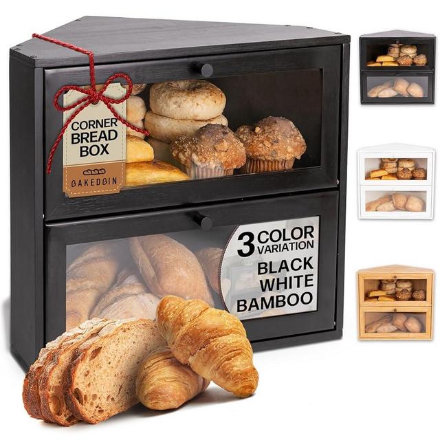 BakedBin Corner Bread Box for Kitchen Countertop - Extra Large Double Layer Bread Boxes, Vintage Airtight Bread Storage for Homemade Bread, Sourdough, Panera, Under Cabinet Organizer, Black BreadBox