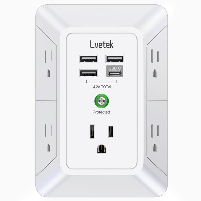 USB Wall Charger，LVETEK Surge Protector 5 Outlet Extender with 4 USB Ports (1 USB C Outlet) 3 Sided 1680J Power Strip Multi Plug Outlets Wall Adapter Spaced for Home Travel Office ETL Listed