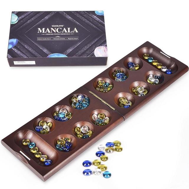 VAMSLOVE Wooden Mancala Board Game,Solid Wood Folding Mancala Set for 2 Player w/ 48+8 Extra Multi Color Glass Stones (Instructions Included)