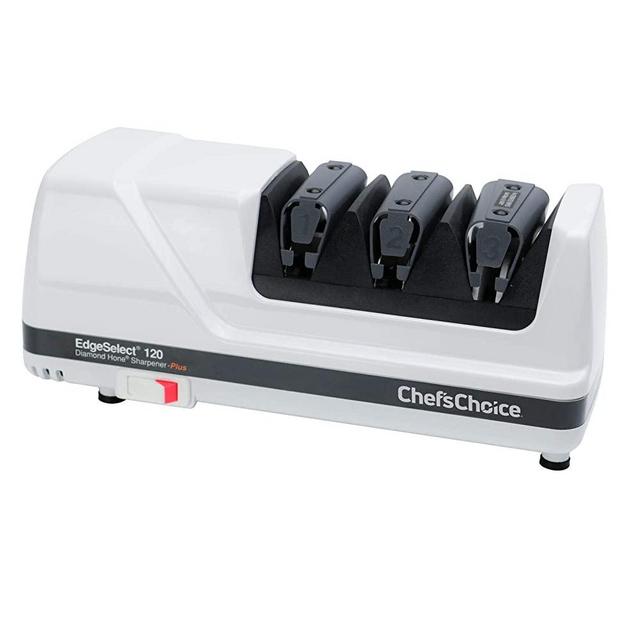 Chef’sChoice 120 Diamond Hone EdgeSelect Professional Electric Knife Sharpener for 20-Degree Edges Diamond Abrasives Precision Guides for Straight and Serrated Knives Made in USA, 3-Stage, White